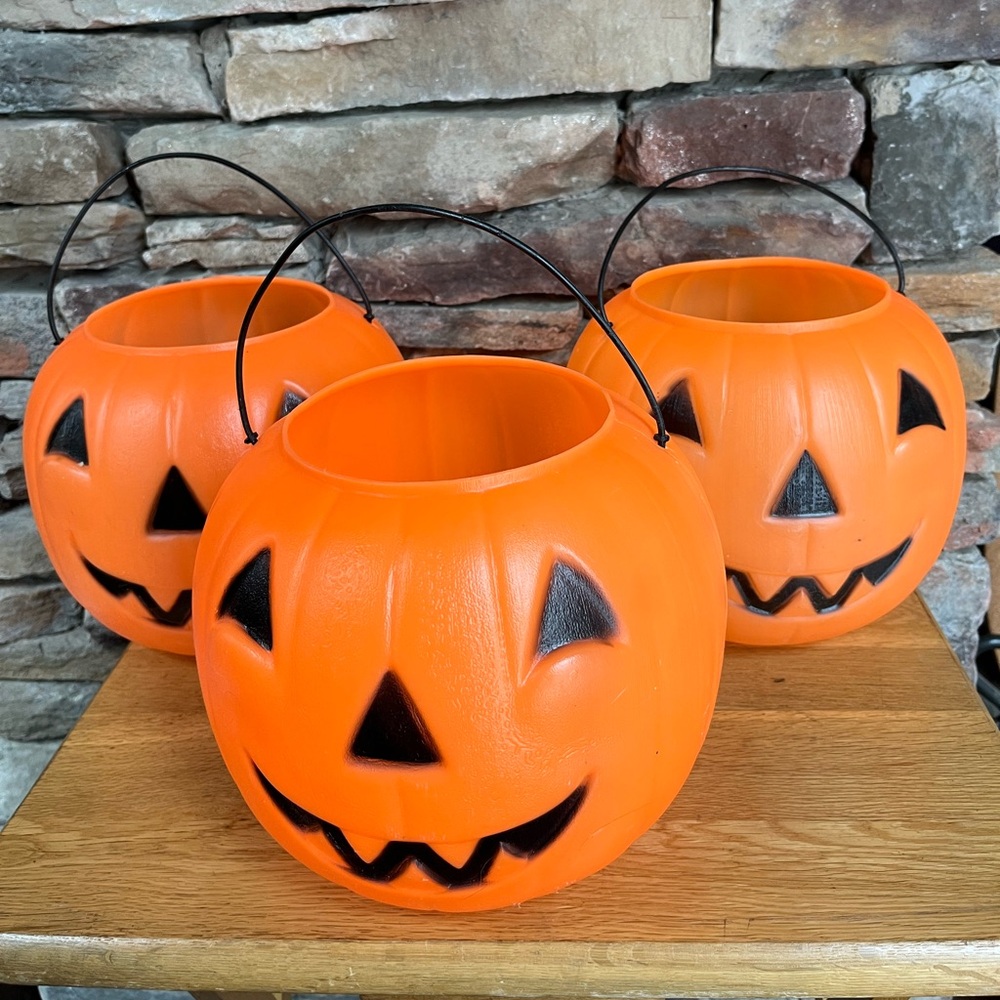 3 Vintage General Foam Plastics Trick or Treat Pumpkin Bucket Jack-o-lantern